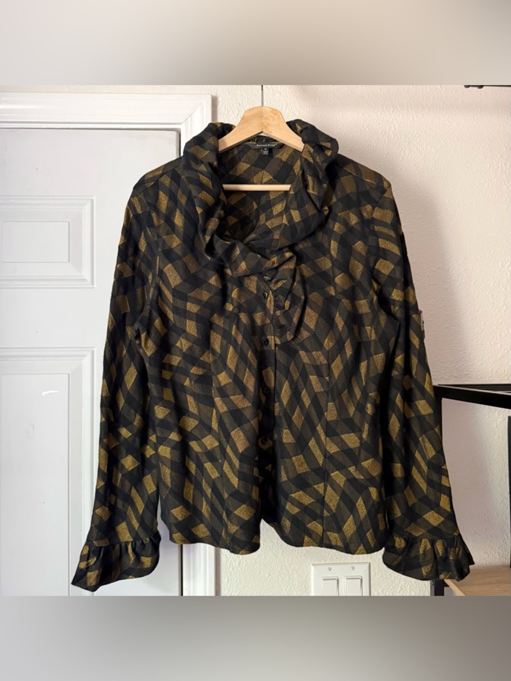 SAMUEL DONG gold black metallic gingham ruffle collar button up jacket